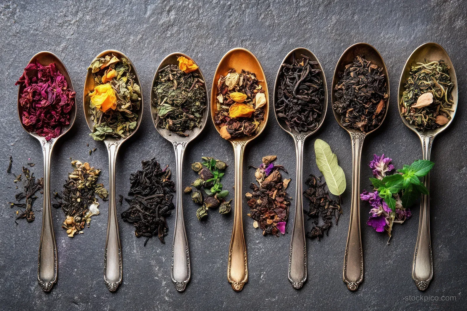 Antique spoons filled with colorful loose tea blends and dried herbs sit on a dark textured background.