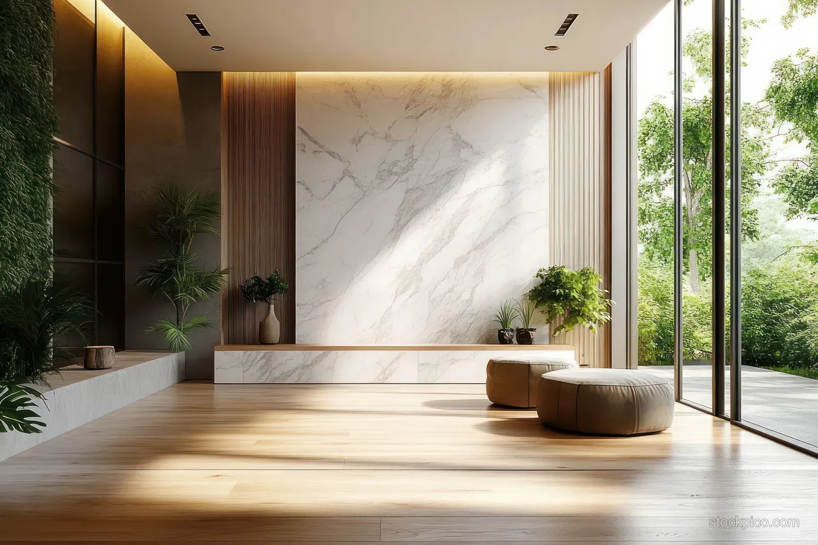 Minimalist entrance hall with marble wall, wooden bench, and sunlight through tall windows opening to greenery.