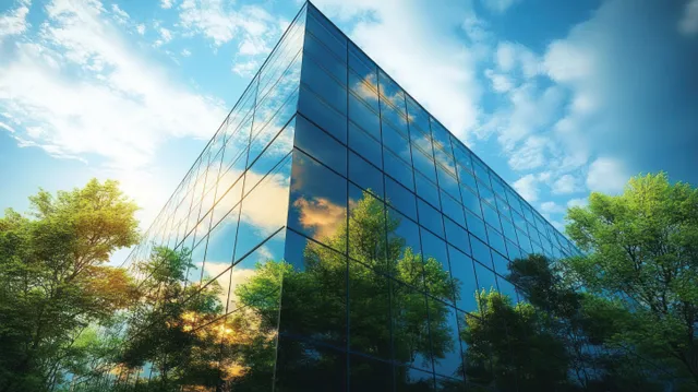 Sustainable glass office building reflecting trees, sky, and environmental responsibility
