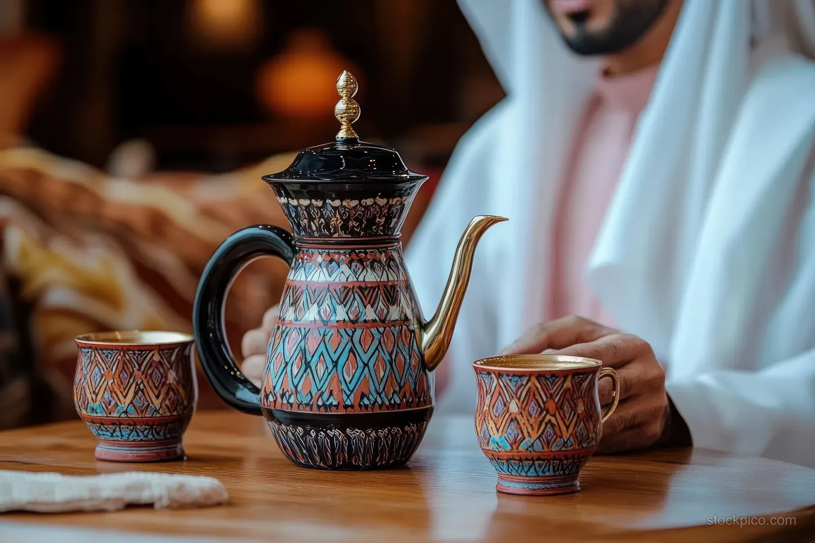 Ornate traditional coffee pot and two patterned cups on a wooden table with a person in white garment blurred behind.