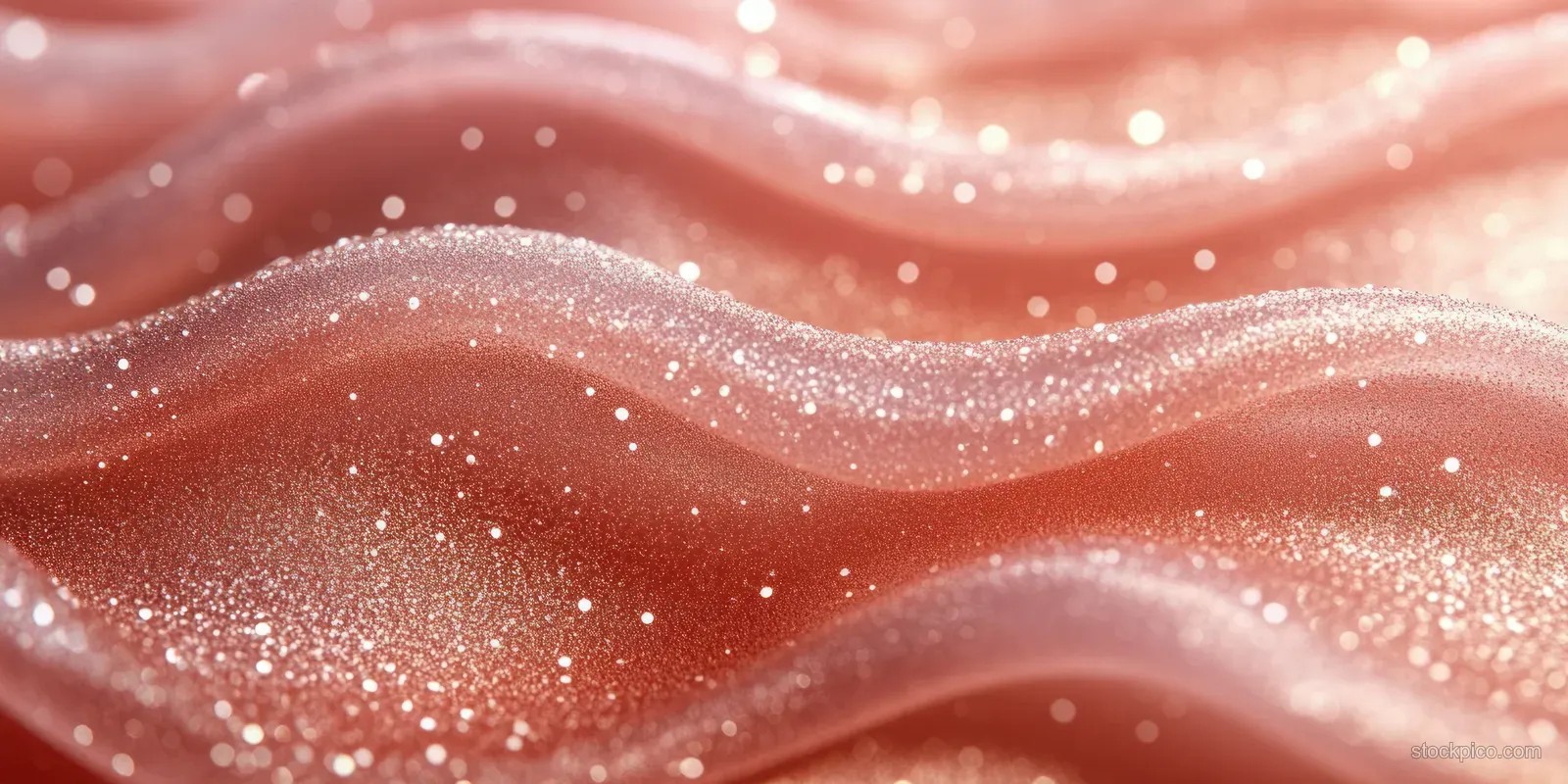 Rose gold glitter wave ribbons shimmer over a warm pink gradient with soft out-of-focus sparkle lights.