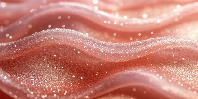 Rose gold glitter wave ribbons shimmer over a warm pink gradient with soft out-of-focus sparkle lights.
