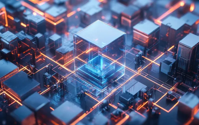 Aerial cyberpunk city blocks with glowing neon circuit lines surrounding a translucent polygonal cube centerpiece.