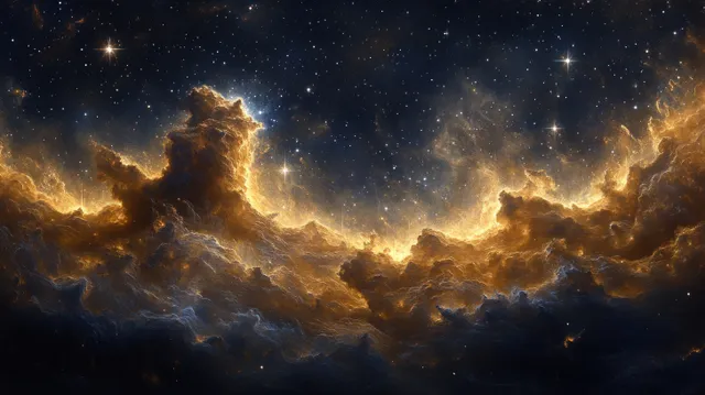 Golden nebula clouds drifting across a deep night sky filled with twinkling stars