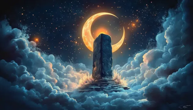 A Shiva lingam-like stone stands atop clouds under a glowing moon in a mystical night illustration.