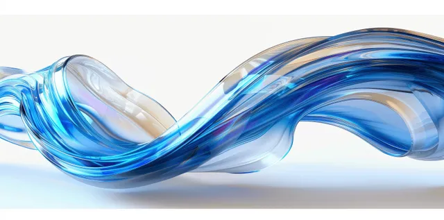 Iridescent glass ribbon with curved flow lines under soft studio light on white backdrop