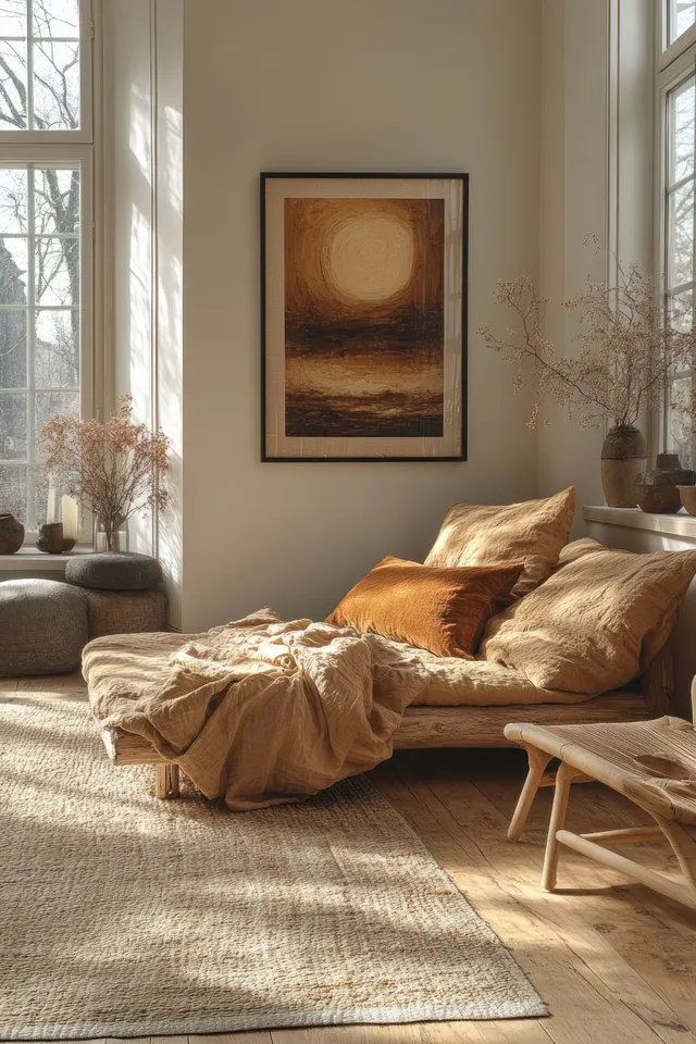 Sunlight streams through large windows onto a neutral sofa, rug, and framed landscape artwork in a Scandinavian living room.