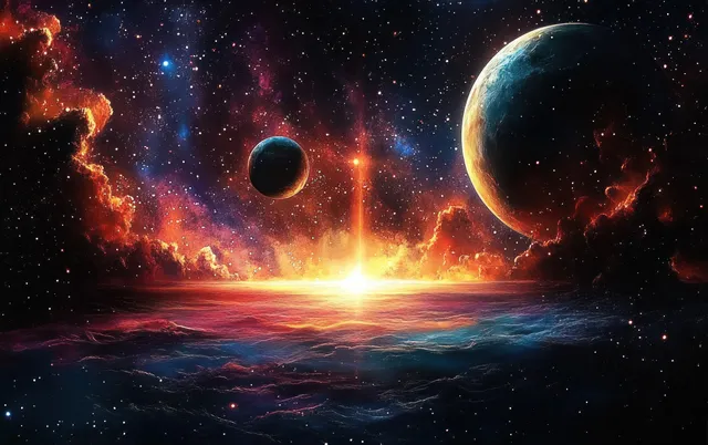 Surreal planets float above a glowing fiery horizon in front of colorful nebula clouds.