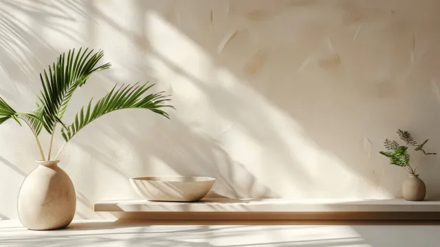 Minimal indoor skincare display podium with leaf-shadow light patterns on the wall and empty shelves.
