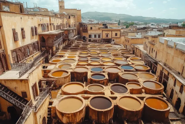 Rows of round tanning vats filled with colored liquids sit in a walled courtyard beside aged buildings under cloudy light.