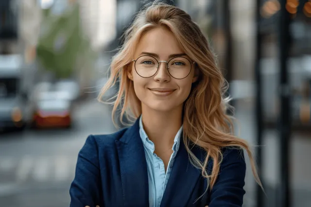 Young blonde woman in glasses and a blue blazer smiles confidently on a city street.