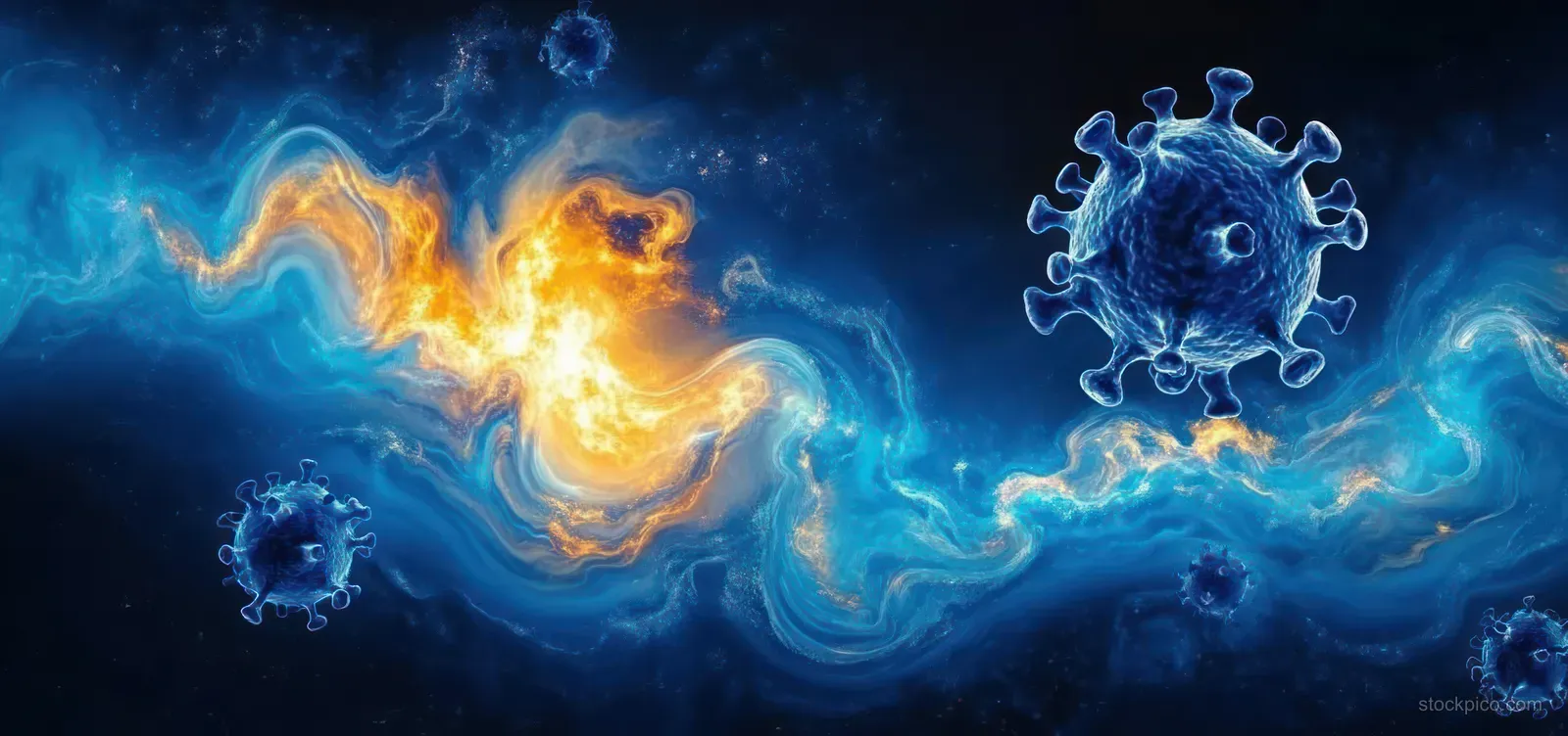 Abstract coronavirus-like shapes swirl in blue fluid art with glowing orange highlights on a dark background.