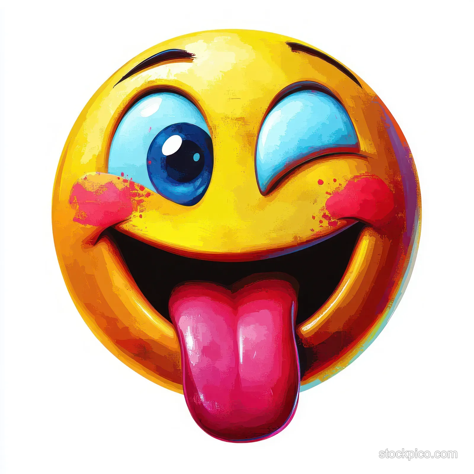 Winking yellow cartoon smiley face with tongue out and red cheeks against a plain background.