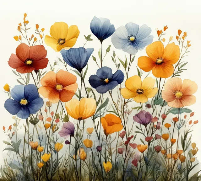Whimsical watercolor wildflowers with branches and berries on a soft light background