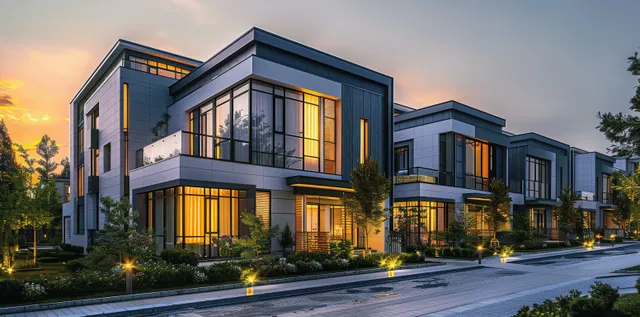Modern townhouses with panoramic windows glowing at dusk in a quiet residential street