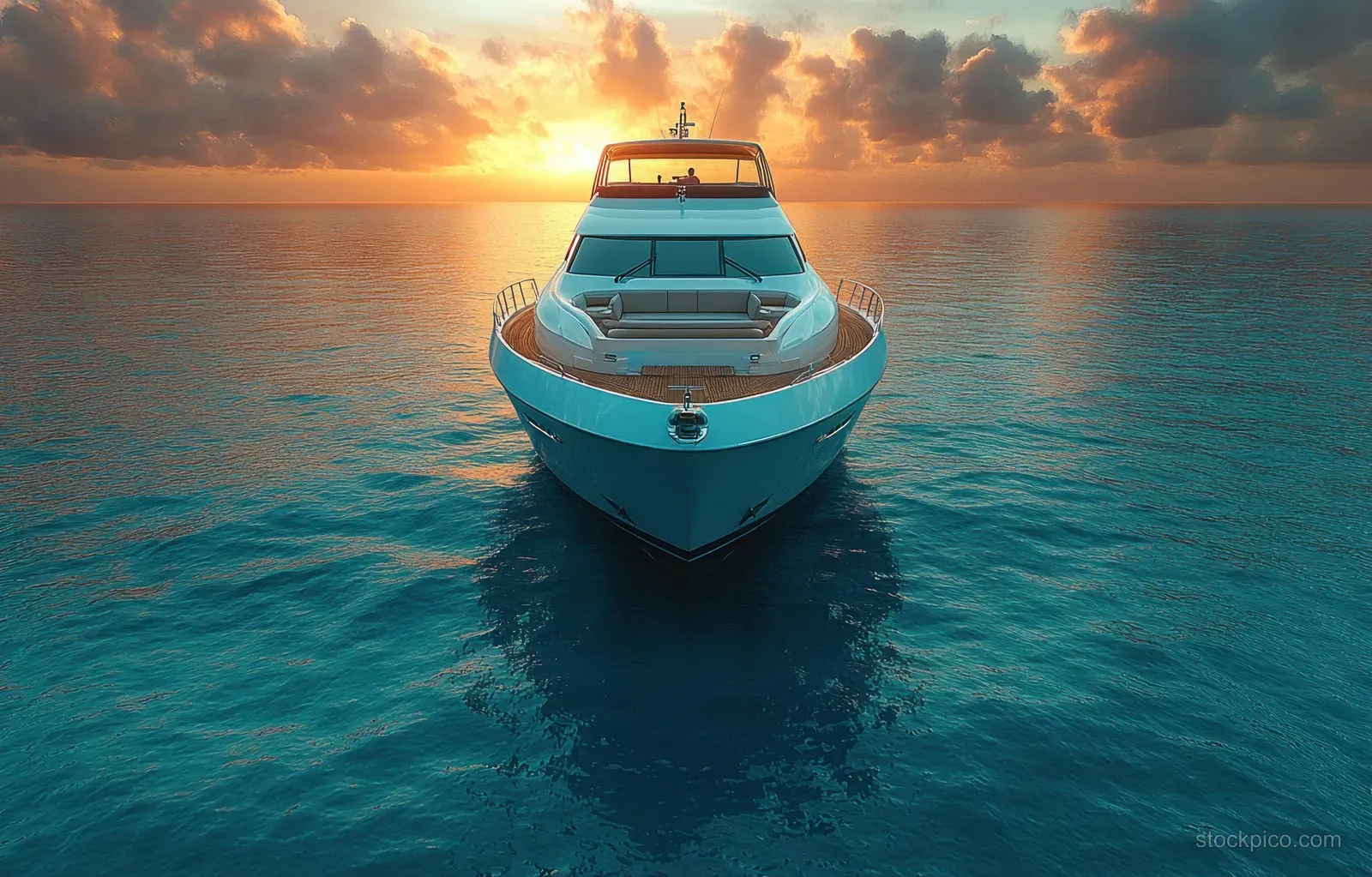 A motorboat speeds across turquoise ocean at sunset, seen from above with a foamy wake behind it.