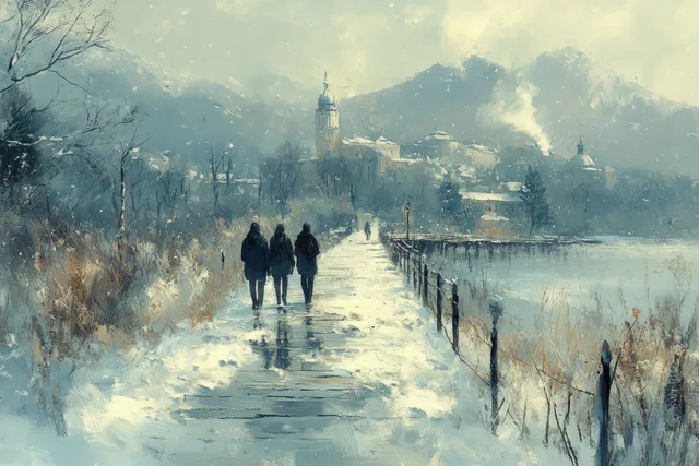 Four friends walk down a snowy seaside boardwalk with calm water and distant buildings under a pale sky.