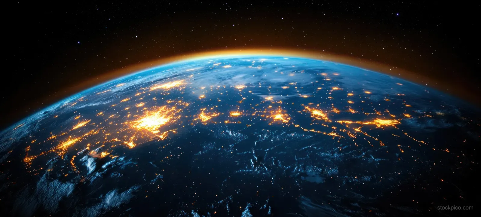 Curved Earth at night from space with bright city lights and a starry sky overhead.