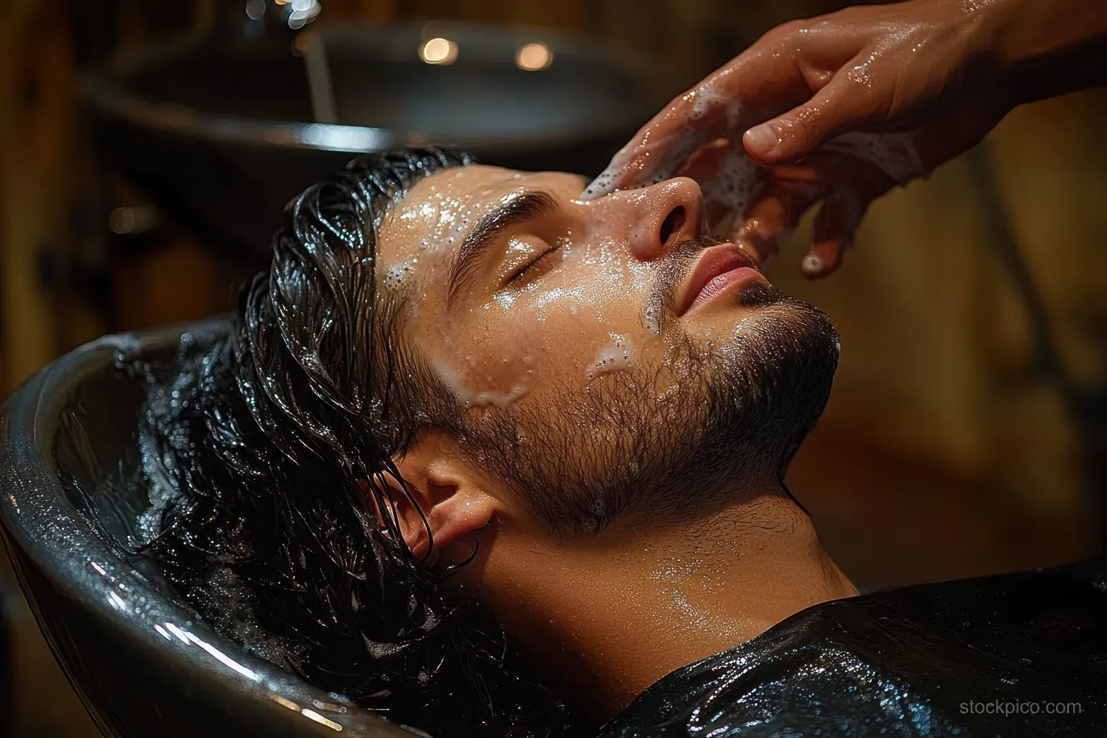 Hands wash a young man’s face and wet hair at a salon basin while he keeps his eyes closed.