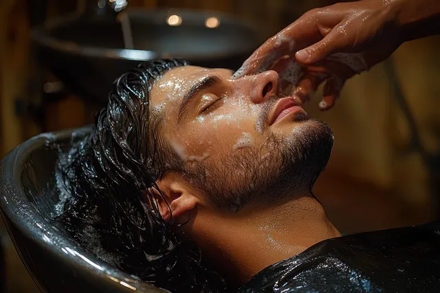 Young man with wet hair receives gentle facial wash at salon basin, eyes closed