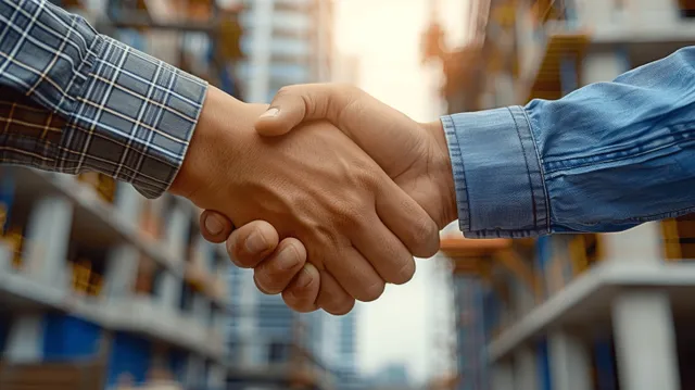 Architect and client shake hands at construction site, confirming renovation blueprint agreement