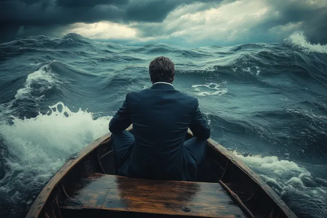 A lone man in a dark suit sits in a small wooden boat facing rough storm waves under dark clouds.