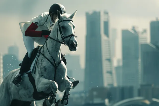 A male rider in event gear leans forward on a white horse with Tokyo skyscrapers blurred behind.