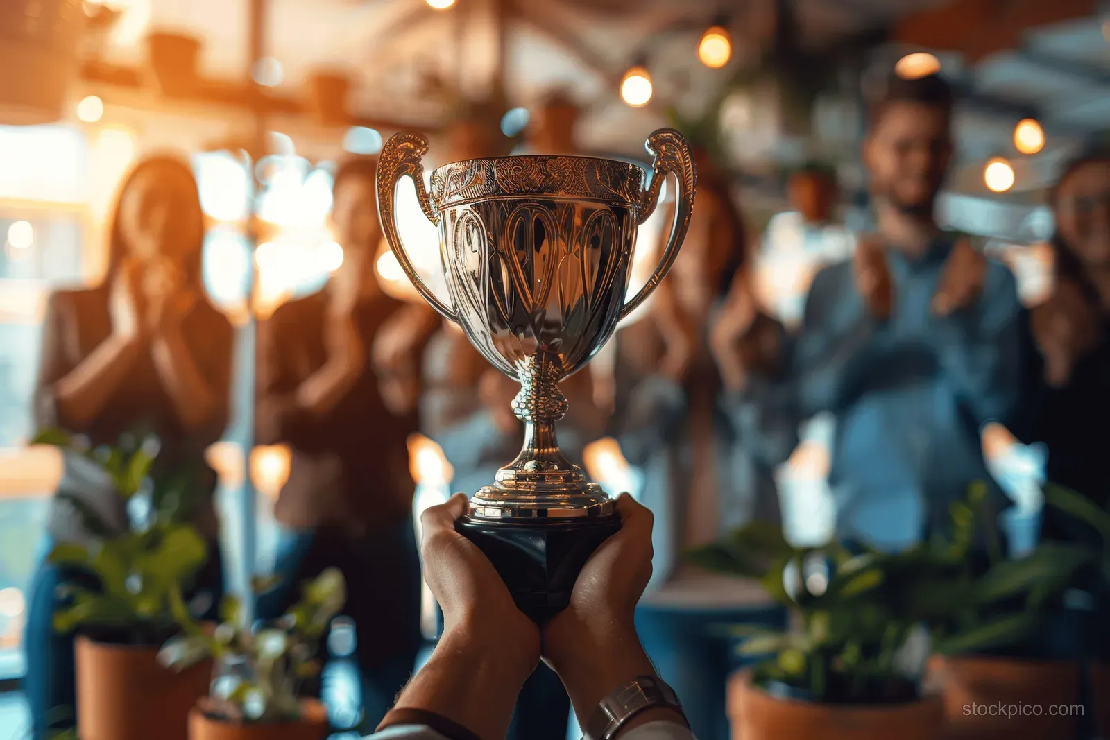 A person holds a shiny gold trophy as teammates clap in a softly blurred office celebration.