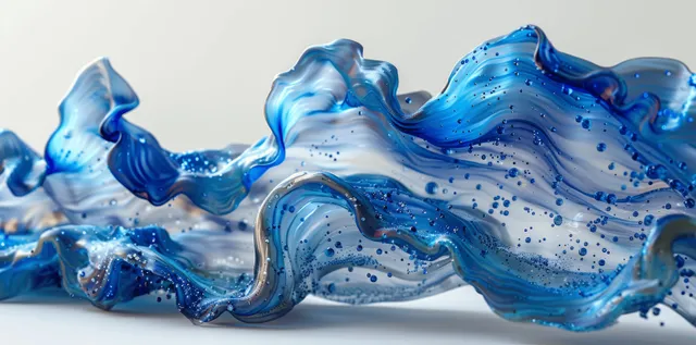 Iridescent blue and white liquid glass ribbon with soft light reflections on dark background