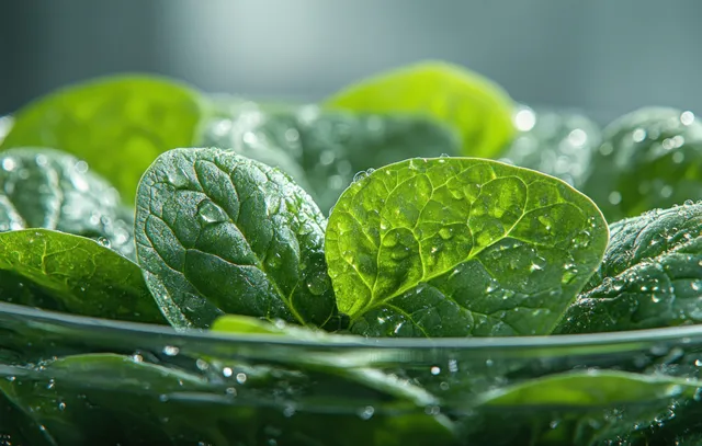 Fresh spinach leaves in clear glass bowl, bright water droplets on white backdrop