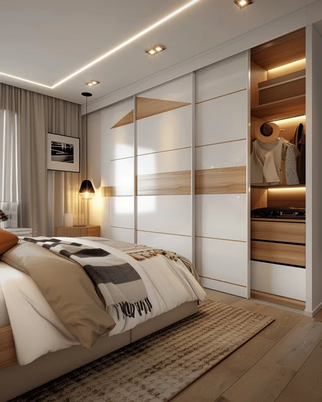 A white and wood sliding wardrobe is installed in a Scandinavian bedroom next to a neatly made bed.