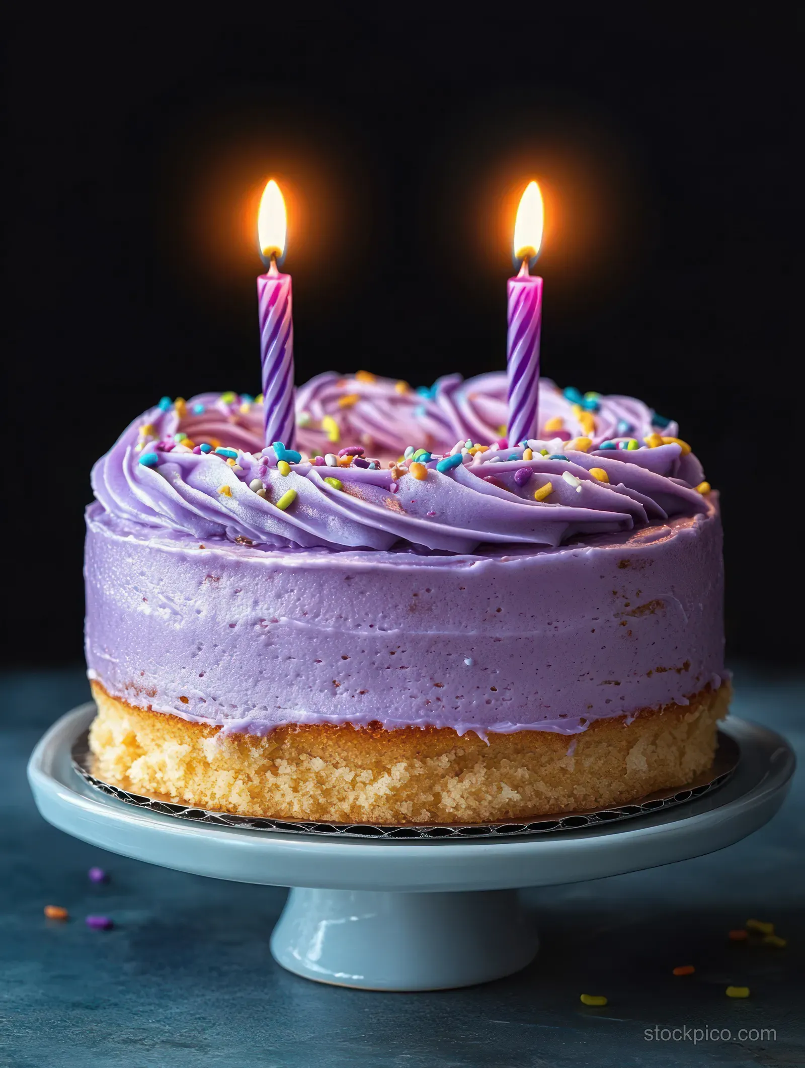 Small purple frosted birthday cake with colorful sprinkles and two lit striped candles on a white stand against a dark background.