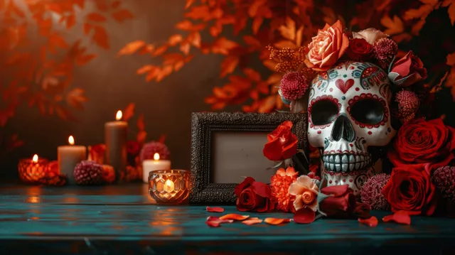 Sugar skull and red roses sit beside candles and an empty framed picture on a warm Halloween Day of the Dead altar.