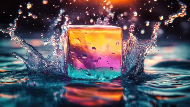 Transparent multicolor cube bursting from glowing water with droplets frozen in midair