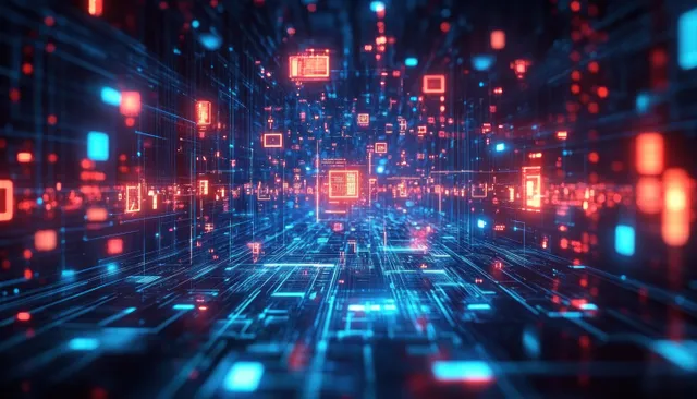 Glowing digital network tunnel with floating data blocks symbolizing interoperability and patient record exchange.