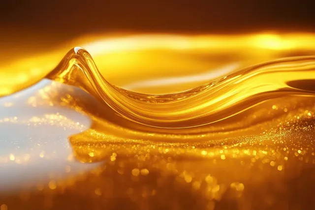 Golden olive oil pours in a glowing stream with sparkling droplets under dramatic backlight.