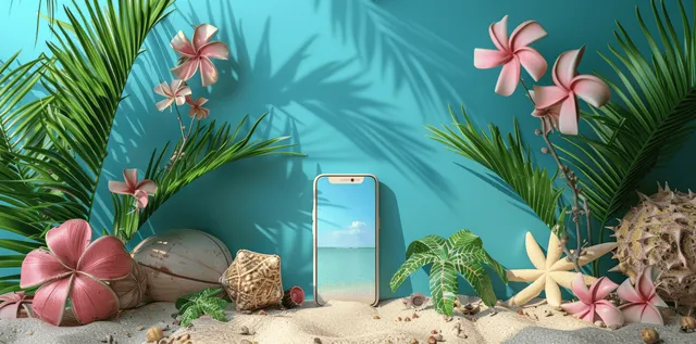 3D Smartphone Mockup on Beach with Summer Travel Accessories for Vacation App Design