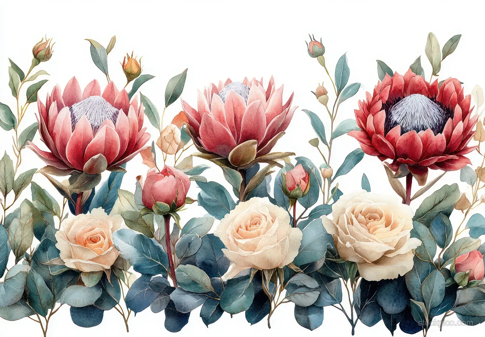 Watercolor floral arrangement with protea, roses, and eucalyptus leaves across a cream wedding invitation background.