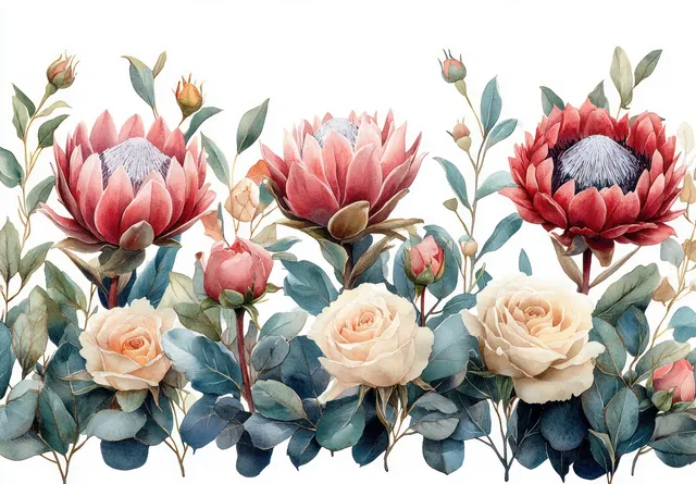 Watercolor floral bouquet with protea, roses, and eucalyptus leaves on cream wedding invitation