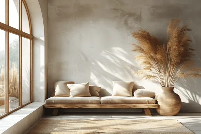 Sunlit minimalist living room with beige sofa, wooden bench and coffee table, and a vase of pampas grass by a grey wall.