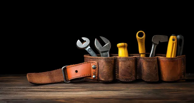 A leather tool belt with wrenches and a yellow-handled screwdriver rests on a wooden workbench against a black background.