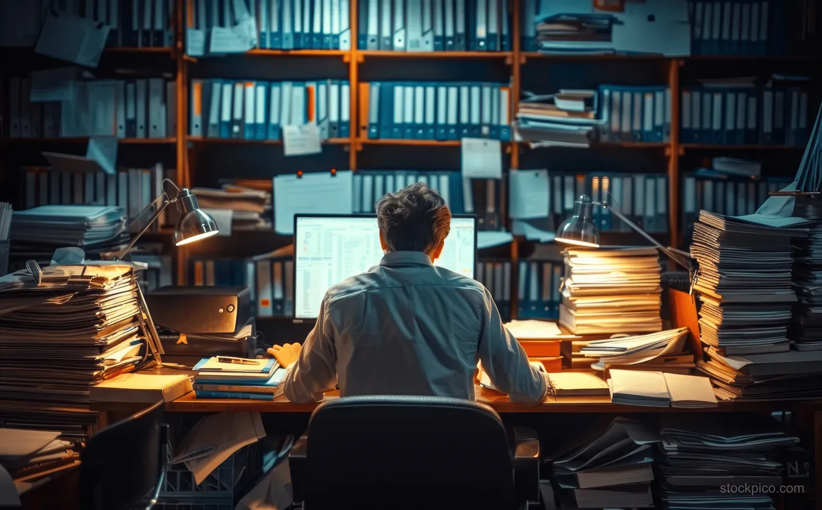 Rear view of an exhausted office worker seated at a desk late at night surrounded by stacked paperwork and folders.