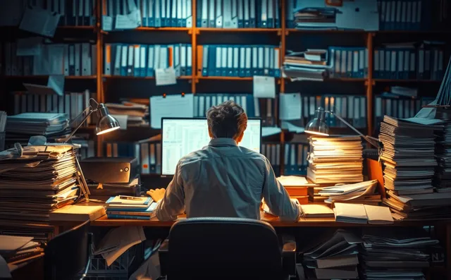 一名疲惫的办公室职员深夜坐在办公桌前的背影视角，周围堆满了文件和文件夹。