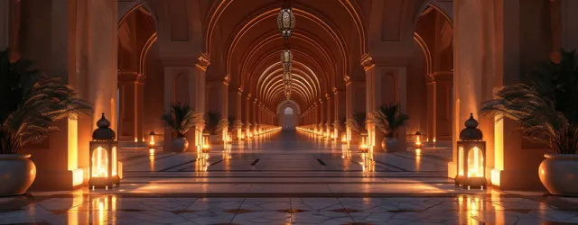 Warm lanterns illuminate an Arabian palace corridor with repeating arches and glossy stone flooring at night.