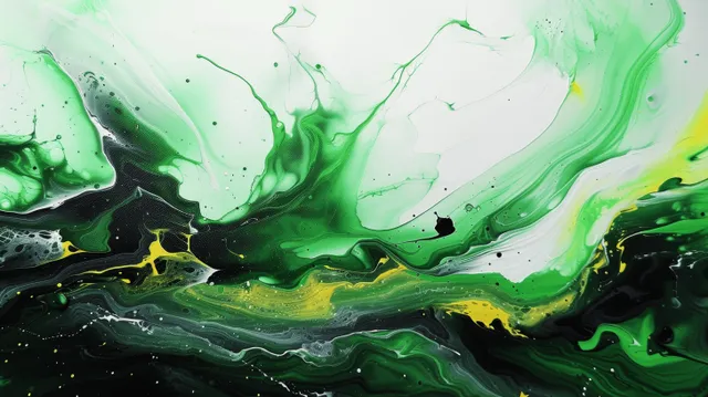 Green and black liquid acrylic splash over white background with swirling ink textures