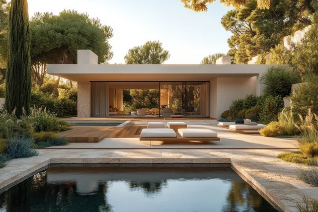 Minimalist glass house overlooks a reflective swimming pool with outdoor lounge chairs amid lush garden plants.