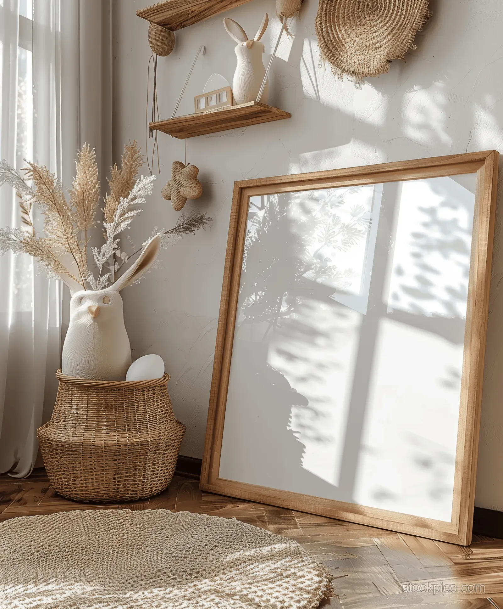 Boho A4 picture frame mockup leaning in a sunlit kids room with wooden decor and Easter items.