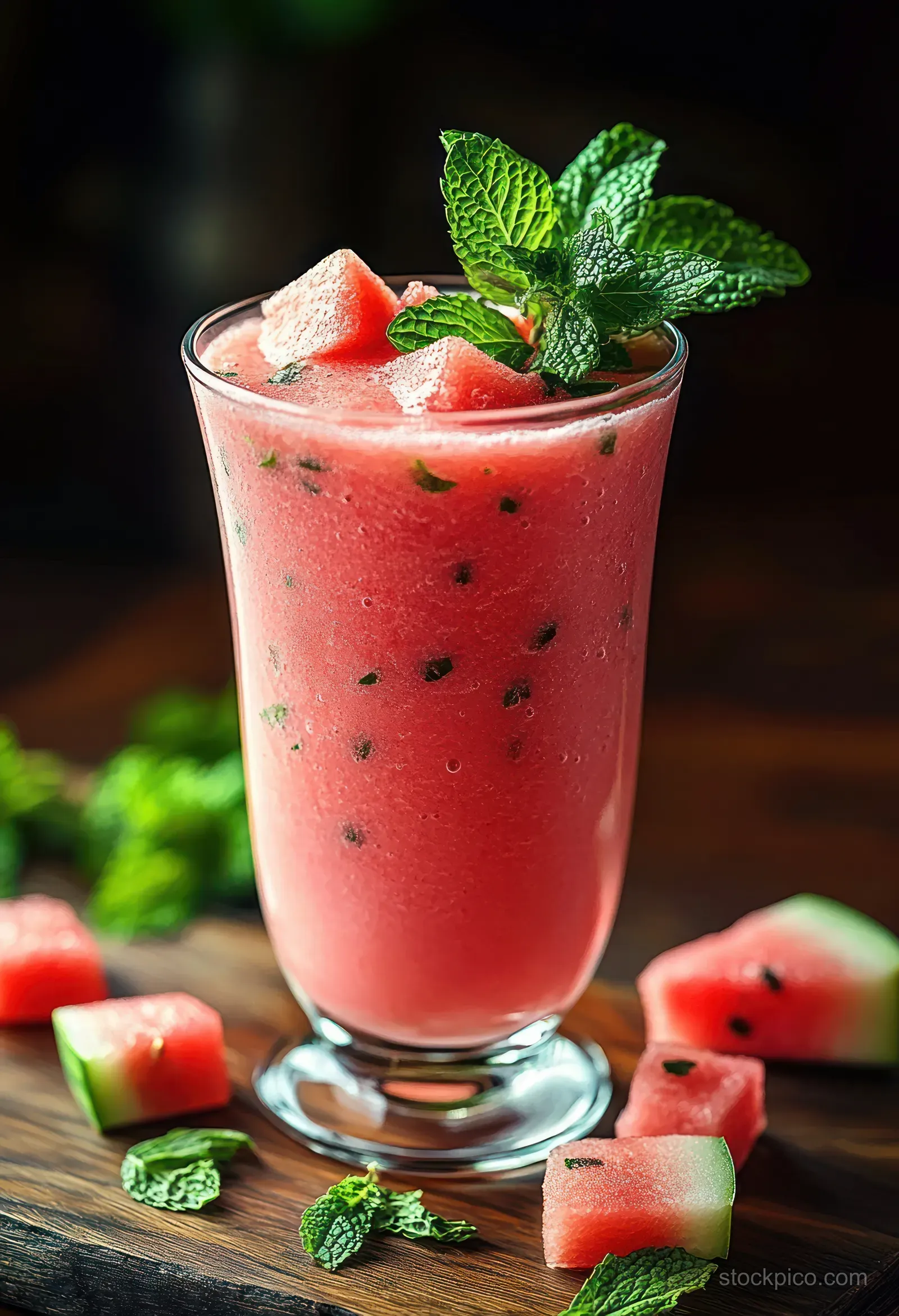 A glass of pink watermelon mint smoothie with watermelon cubes and fresh mint leaves on a rustic wooden table.