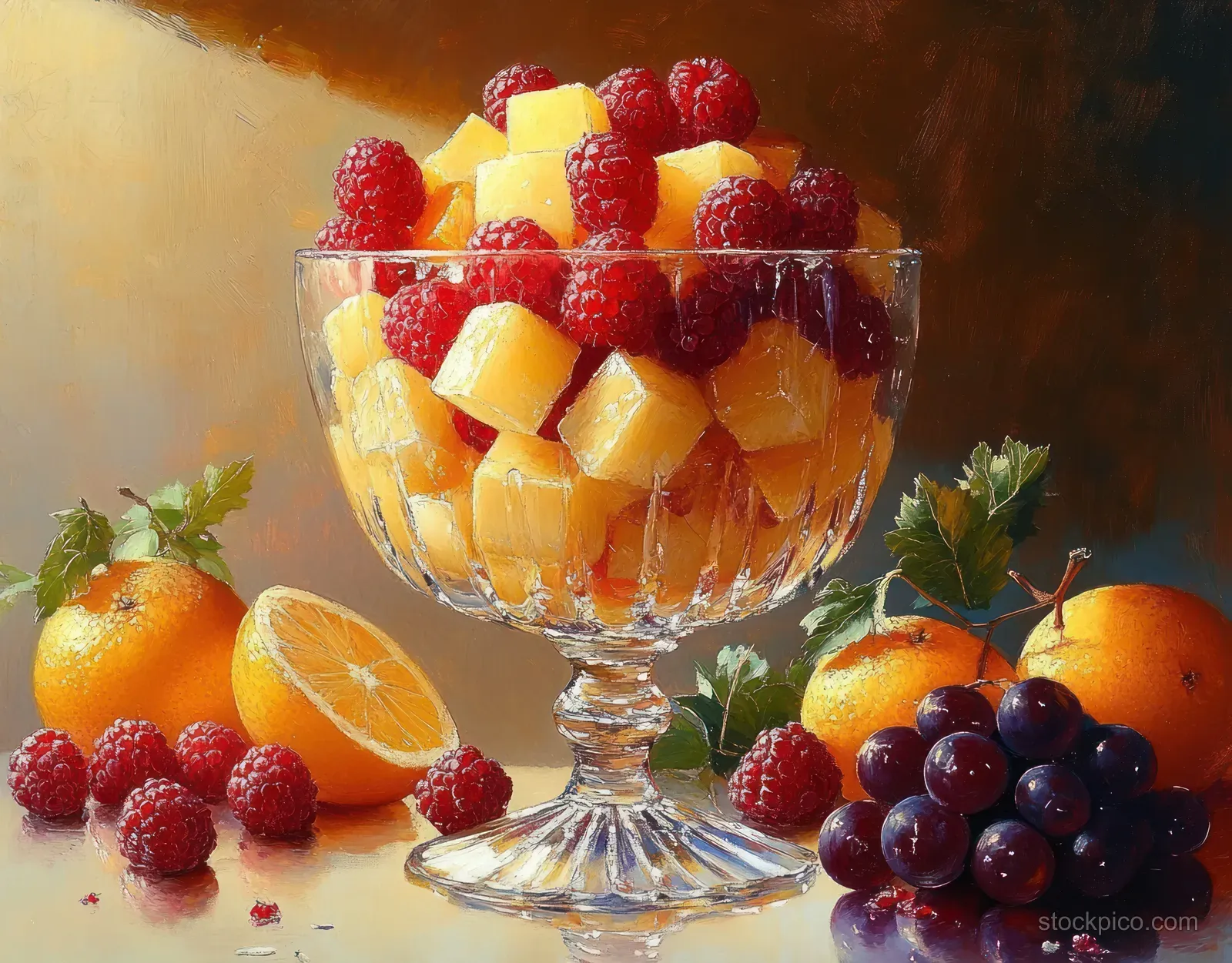 Glass bowl filled with mango cubes and raspberries surrounded by oranges, grapes, and green leaves.