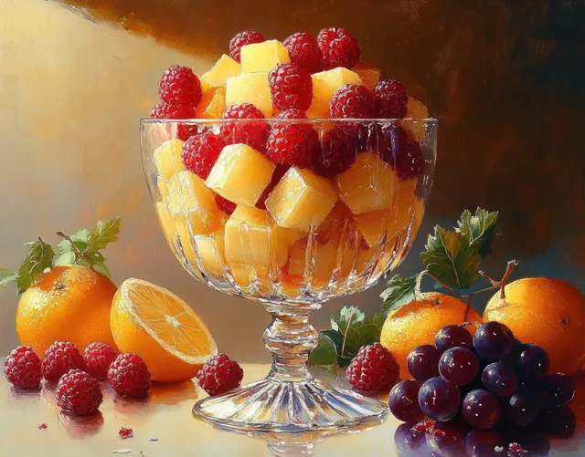 Glass bowl filled with mango cubes and raspberries surrounded by oranges, grapes, and green leaves.